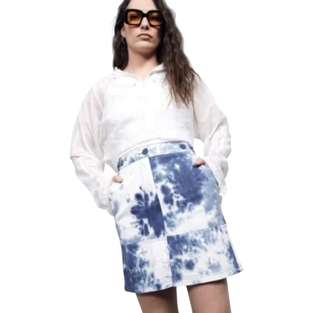 Wildfang Essential Work Skirt, Blue Tie Dye Utility Pockets Cotton, Small, NWT